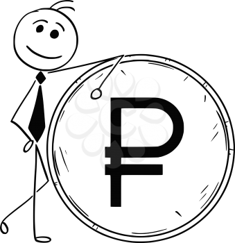 Cartoon stick man illustration of smiling Business man businessman leaning on large ruble coin.