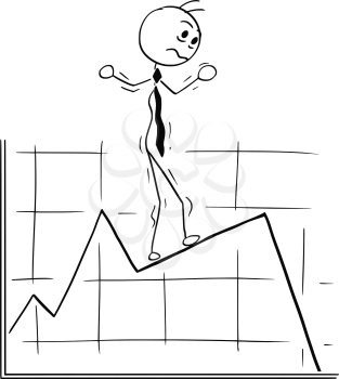 Cartoon stick man conceptual illustration of business man businessman walking carefully on graph chart line.