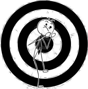 Cartoon stick man illustration of smiling business man businessman standing in front of large dartboard target.