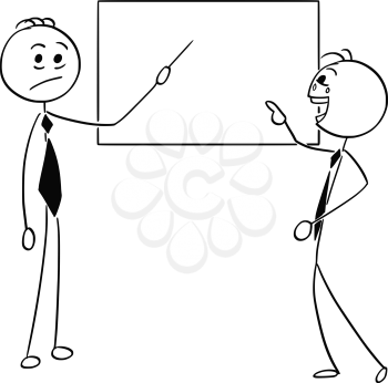 Cartoon stick man illustration of business man laughing to second businessman pointing at empty sign or board.