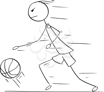 Cartoon stick man drawing illustration of basketball player running and dribbling with ball.