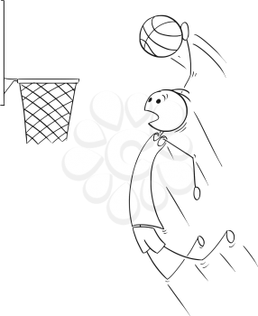 Cartoon stick man drawing illustration of basketball player jumping and scoring goal.