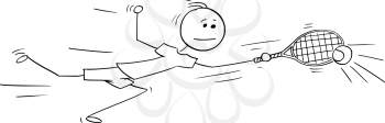 Cartoon stick man drawing illustration of one man male tennis player playing ball with racket.