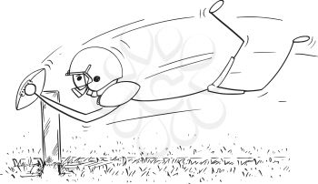 Cartoon stick man drawing illustration of american football player jumping to score touchdown.