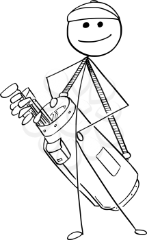 Cartoon stick man drawing illustration of male golf player carrying bag of clubs.