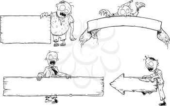 Set of halloween frames and empty signs with hand drawing funny and scary cartoon zombie illustrations.