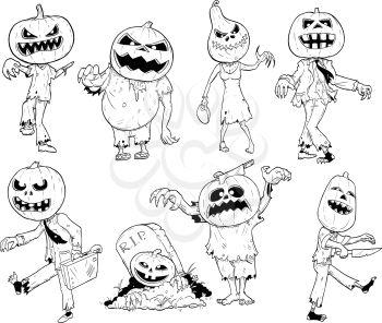 Set of cute hand drawing illustration of halloween zombie with pumpkin head designs.