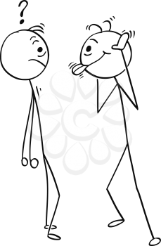 Cartoon stick man drawing illustration of two men, one of them is crazy or mad and sticking out his tongue.