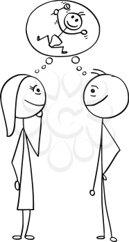 Cartoon stick man drawing illustration of  man and woman thinking planning together to have a baby infant.
