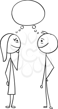 Cartoon stick man drawing illustration of smiling man and woman talking with empty blank speech text bubble balloon.