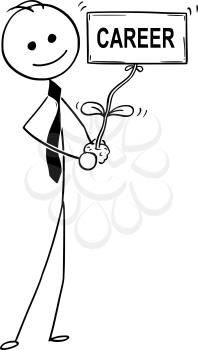Cartoon stick man drawing conceptual illustration of businessman care about plant in his hand. Plant flower as career sign. Business concept of job, work and progress.
