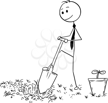 Cartoon stick man drawing conceptual illustration of businessman digging hole to plant a tree. Business concept of investment, growth and success.