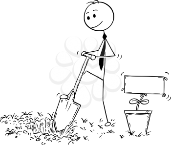 Cartoon stick man drawing conceptual illustration of businessman digging hole to plant a tree with empty or blank sign as flower. Business concept of investment, growth and success.