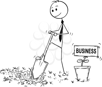 Cartoon stick man drawing conceptual illustration of businessman digging hole to plant a tree with business sign as flower. Concept of investment, growth and success.