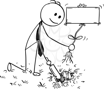 Cartoon stick man drawing conceptual illustration of businessman digging hole with small shovel to plant a tree with empty or blank sign as flower. Business concept of investment, growth and success.