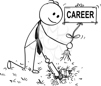 Cartoon stick man drawing conceptual illustration of businessman digging hole with small shovel to plant a tree with career sign as flower. Business concept of investment, growth and success.