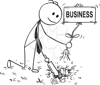 Cartoon stick man drawing conceptual illustration of businessman digging hole with small shovel to plant a tree with business sign as flower. Concept of investment, growth and success.