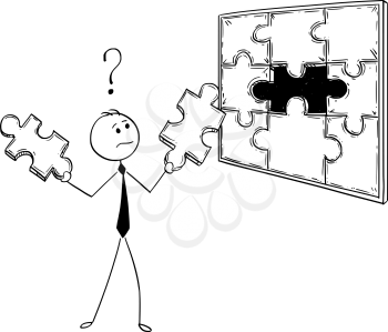 Cartoon stick man drawing conceptual illustration of businessman with two jigsaw puzzle pieces in hands to decide which on will fit. Business concept of decision, solution and creativity.