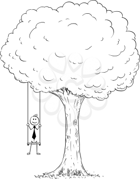 Cartoon stick man drawing conceptual illustration of happy businessman sitting on the tree swing hanging on the branch. Business concept of success.