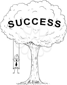 Cartoon stick man drawing conceptual illustration of happy businessman sitting on the tree swing hanging on the branch. Business concept of success.