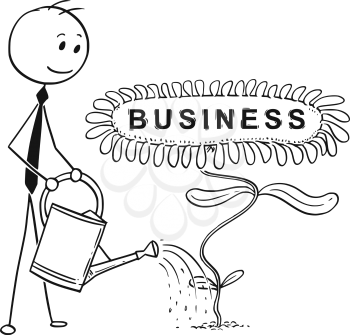 Cartoon stick man drawing conceptual illustration of businessman gardener in garden watering blooming plant with can. Large flower as business sign. Concept of career, growth and investment.