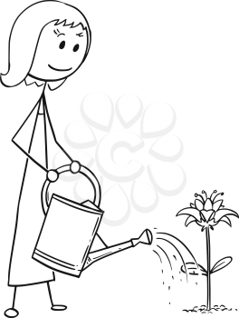 Cartoon stick man drawing illustration of female gardener woman on garden watering blooming plant with can.