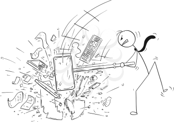 Cartoon stick man drawing conceptual illustration of angry businessman destroying his office computer by large sledgehammer or hammer.
