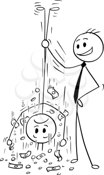 Cartoon stick man drawing conceptual illustration of businessman shaking out money from his client or customer. Business concept of debt, loan or charges.