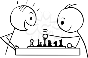 Cartoon stick man drawing conceptual illustration of two men or businessmen playing game of chess. Business concept of strategy, competition and planning.