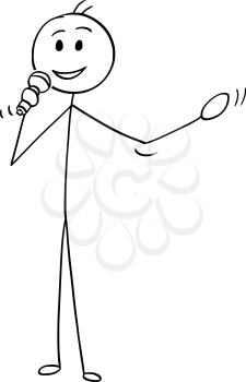 Cartoon stick man drawing conceptual illustration of businessman or business speaker or orator with microphone making speech or talking to public.