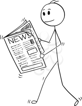 Cartoon stick man drawing conceptual illustration of businessman reading news in newspaper.