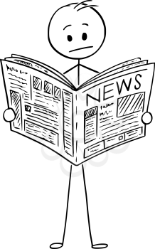 Cartoon stick man drawing conceptual illustration of businessman reading bad news in newspaper.