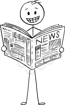 Cartoon stick man drawing conceptual illustration of smiling happy businessman reading good news in newspaper.