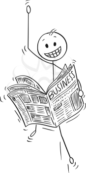 Cartoon stick man drawing conceptual illustration of happy celebrating businessman reading good or great business or financial news in newspaper.