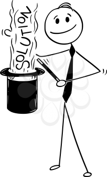 Cartoon stick man drawing conceptual illustration of businessman magician and magic problem solution from his cylinder top hat.