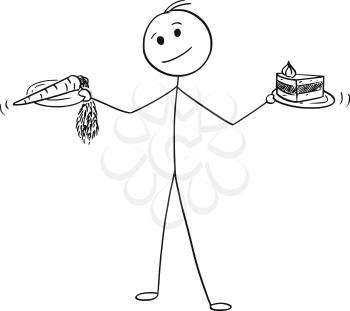 Cartoon stick man drawing conceptual illustration of man with healthy vegetable carrot and unhealthy cake in hands. Concept of lifestyle and food decision.