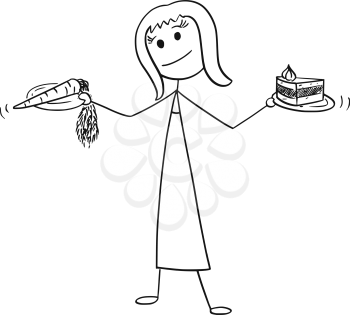 Cartoon stick man drawing conceptual illustration of woman with healthy vegetable carrot and unhealthy cake in hands. Concept of lifestyle and food decision.