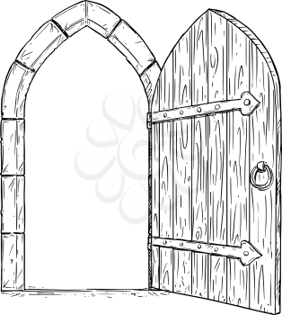 Cartoon vector doodle drawing illustration of open medieval wooden decision door.