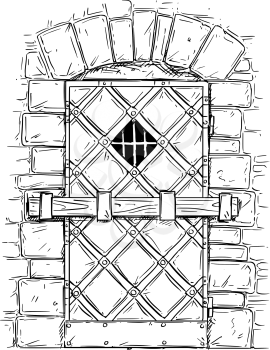 Cartoon vector doodle drawing illustration of medieval wooden door closed by latch.