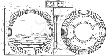 Cartoon vector doodle drawing illustration of open vault door with pile of gold ingots or bars inside. Business concept of success, wealth or treasure.