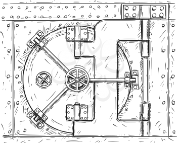Cartoon vector doodle drawing illustration of closed vault door. Business concept of security, secret and treasure.