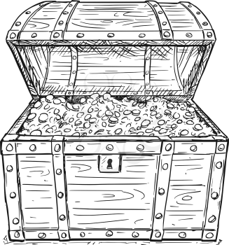 Cartoon vector doodle drawing illustration of old wooden pirate treasure chest full of gold or silver coins inside. Business concept of success and wealth.
