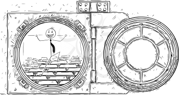Cartoon vector doodle drawing illustration of open vault door with pile of gold ingots or bars inside and happy celebrating businessman standing on it. Business concept of success, wealth or treasure.