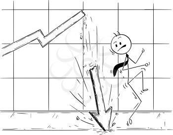 Cartoon stick man drawing conceptual illustration of businessman almost hit by profit graph or chart arrow falling down. Business concept of bankrupt and crisis.