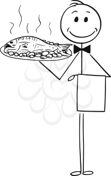 Cartoon stick man drawing conceptual illustration of waiter holding silver plate or tray with fish.
