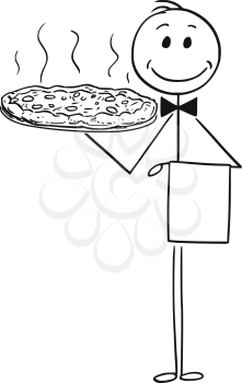 Cartoon stick man drawing conceptual illustration of waiter holding silver plate or tray with pizza.