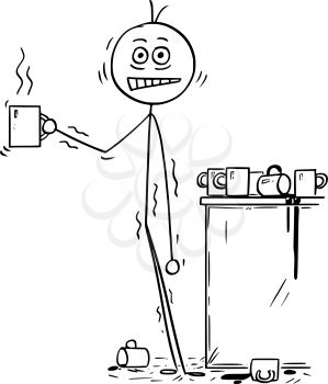 Cartoon stick man drawing conceptual illustration of overworked businessman under pressure overdosed by caffeine from coffee. Business concept of stress and unhealthy lifestyle.