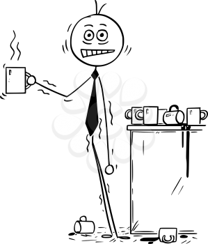 Cartoon stick man drawing conceptual illustration of overworked businessman under pressure overdosed by caffeine from coffee. Business concept of stress and unhealthy lifestyle.