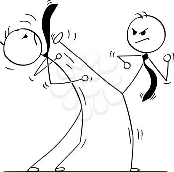 Cartoon stick man drawing conceptual illustration of two businessmen kung fu or karate fighting. Business concept of competition and rivalry.
