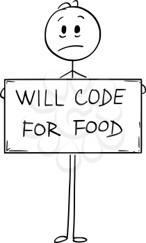 Cartoon stick man drawing conceptual illustration of sad hungry unemployed man or businessman holding large will code for food sign.